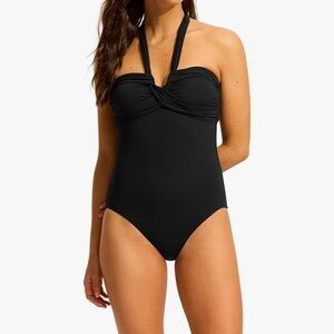 Seafolly Collective Plunge Halter One-Piece Swimsuit Bandeau Black W US 6/AUS 10